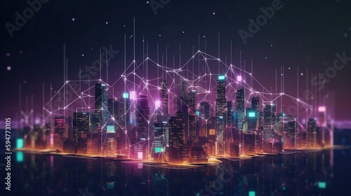 backgrounds show dynamic, geometric cityscapes inspired by the world of decentralized finance. buildings and streets are composed of polygons and fractals that dominate the skyline. generative AI