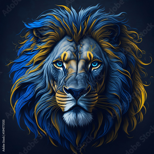 T-shirt design with realistic lion portrait. Colorful print design of lion head on dark background. AI generated illustration