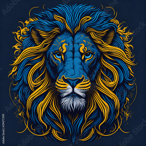 T-shirt design with realistic lion portrait. Colorful print design of lion head on dark background. AI generated illustration