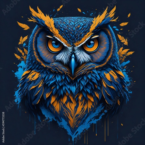 T-shirt design with realistic owl portrait. Colorful print design of owl bird head on dark background. AI generated illustration