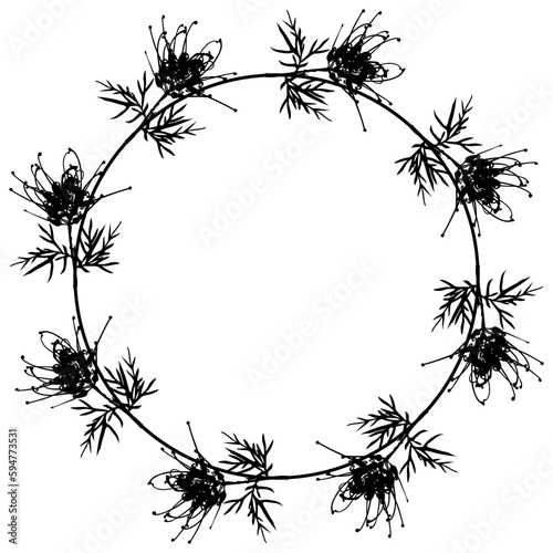 Round floral frame with blooming branches of Grevillea flower. Grevillea banksii. Botanical wreath border with exotic blossom. Black silhouette on white background.