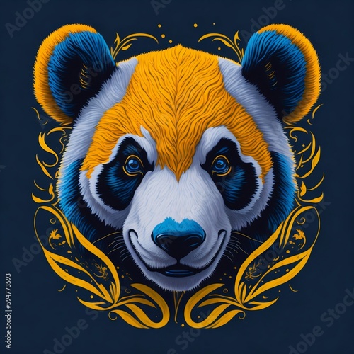 T-shirt design with realistic panda bear portrait. Colorful print design of panda head on dark background. AI generated illustration