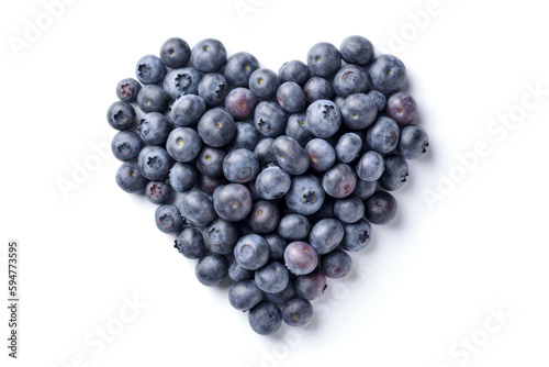 Fresh blueberry in the shape of a heart on a white background. Top view. Generative AI