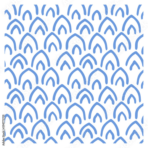 Seamless pattern of sharp scales or leaves in blue on a white background.