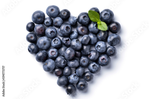 Fresh blueberry in the shape of a heart on a white background. Top view. Generative AI
