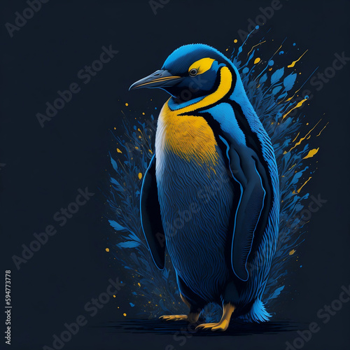 T-shirt design with realistic penguin portrait. Colorful print design of penguin bird head on dark background. AI generated illustration