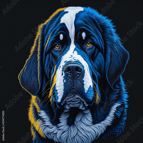 T-shirt design with realistic saint bernard portrait. Colorful print design of saint bernard, dog head on dark background. AI generated illustration