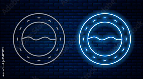 Glowing neon line Ship porthole with rivets and seascape outside icon isolated on brick wall background. Vector