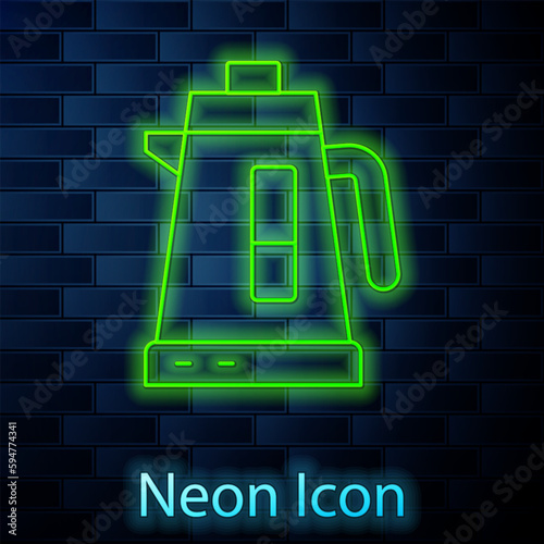 Glowing neon line Electric kettle icon isolated on brick wall background. Teapot icon. Vector