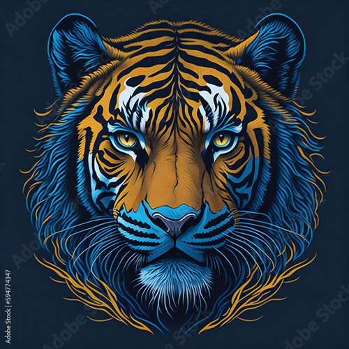 T-shirt design with realistic tiger portrait. Colorful print design of tiger head on dark background. AI generated illustration