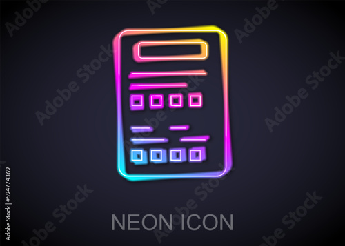 Glowing neon line Exam sheet icon isolated on black background. Test paper, exam, or survey concept. School test or exam. Vector