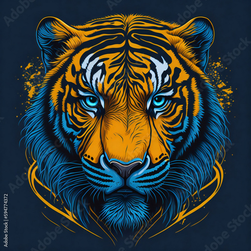 T-shirt design with realistic tiger portrait. Colorful print design of tiger head on dark background. AI generated illustration