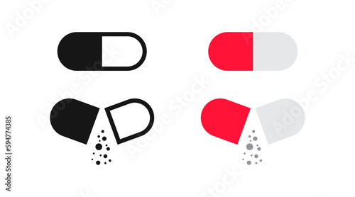 Medicine capsule icon. Pill symbol. Tablet signs. Medical drug symbols. Antibiotic icons. Black, flat color. Vector sign.