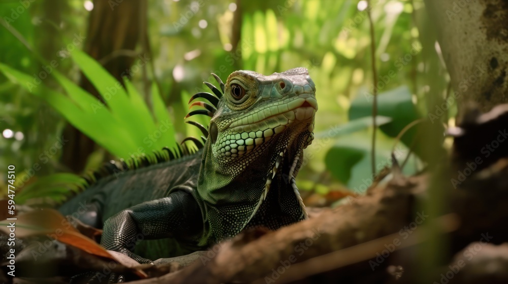 Fototapeta premium Iguana in a cinematic tropical forest background with beautiful colors generative ai