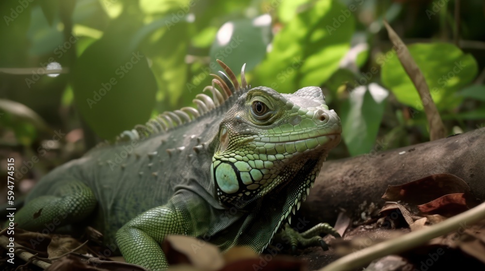 Iguana in a cinematic tropical forest background with beautiful colors generative ai Iguana in a cinematic tropical forest background with beautiful colors generative ai