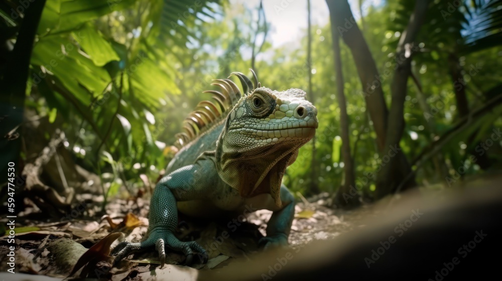 Iguana in a cinematic tropical forest background with beautiful colors generative ai