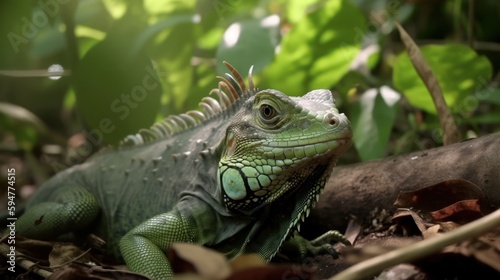 Iguana in a cinematic tropical forest background with beautiful colors generative ai