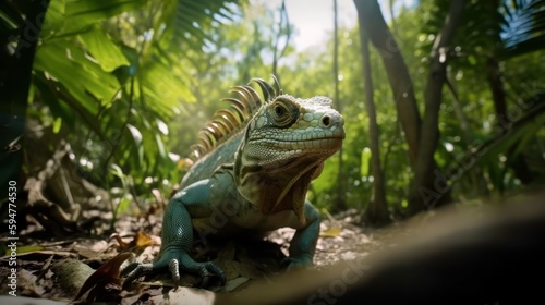 Iguana in a cinematic tropical forest background with beautiful colors generative ai © Hixel