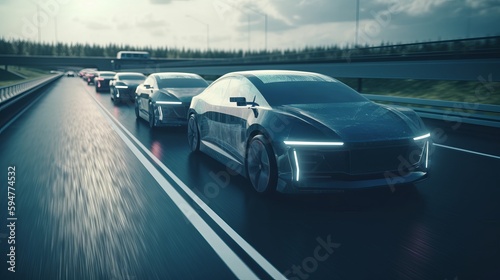 Futuristic car vehicles on highway with full self driving. AI generated