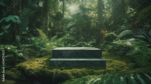 Fototapeta Naklejka Na Ścianę i Meble -  A stone podium for product presentation in a lush green jungle forest environment. Mock-up. AI generated