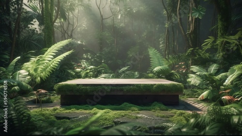 Fototapeta Naklejka Na Ścianę i Meble -  A stone podium for product presentation in a lush green jungle forest environment. Mock-up. AI generated