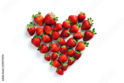 Fresh strawberries in the shape of a heart on a white background. Top view. Generative AI