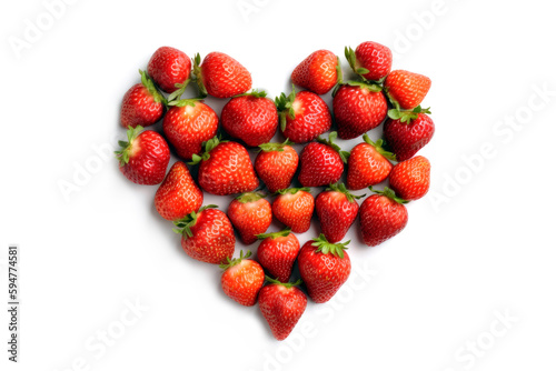 Fresh strawberries in the shape of a heart on a white background. Top view. Generative AI