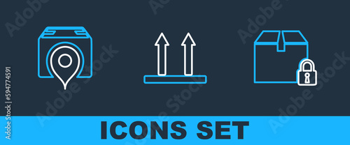 Set line Locked package, Location with cardboard box and This side up icon. Vector