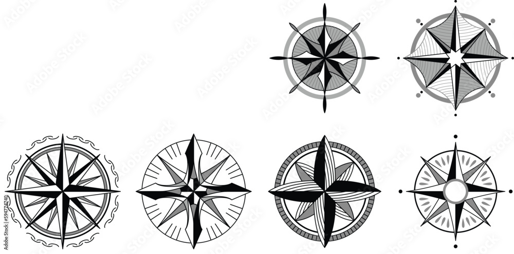 Wind rose compass. Navigation device with indication of the cardinal directions. Sign of vector nautical compass