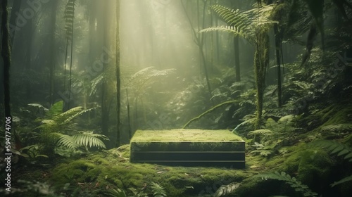 Fototapeta Naklejka Na Ścianę i Meble -  A stone podium for product presentation in a lush green jungle forest environment. Mock-up. AI generated