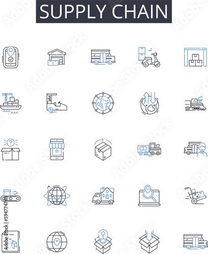 Supply chain line icons collection. Value stream, Logistics nerk, Manufacturing flow, Distribution channel, Product pipeline, Operations pipeline, Resource pipeline vector and linear illustration