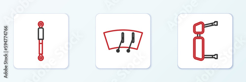 Set line Truck side mirror, Shock absorber and Windscreen wiper icon. Vector