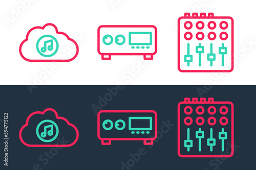 Set line Sound mixer controller, Music streaming service and Guitar amplifier icon. Vector