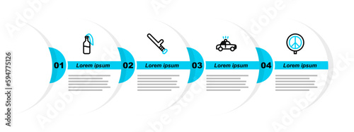 Set line Peace, Police car and flasher, rubber baton and Cocktail molotov icon. Vector