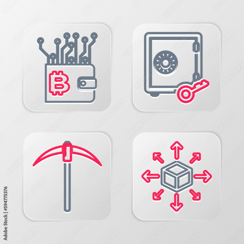 Set line Distribution, Pickaxe, Proof of stake and Cryptocurrency wallet icon. Vector Set line Distribution, Pickaxe, Proof of stake and Cryptocurrency wallet icon. Vector