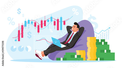 Vector illustration of a rich man counting his fortune. Cartoon scene with a man sitting with a laptop and counting his fortune, with a pile of banknotes and coins isolated on a white background.