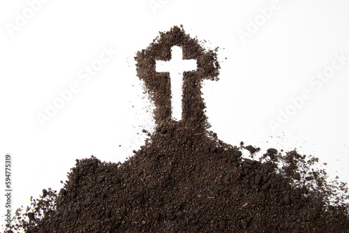 top view cross shape with dark soil on the white surface grim reaper funeral death