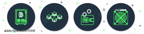 Set line Blockchain technology, Proof of stake, and ASIC Miner icon. Vector