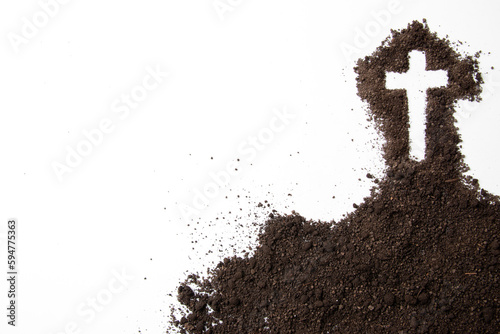 top view cross shape with dark soil on white background grim reaper funeral death