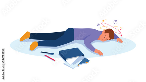 Vector illustration of a fainting boy. Cartoon scene with a guy who got sick and lost consciousness, lying on the floor with scattered things isolated on a white background.