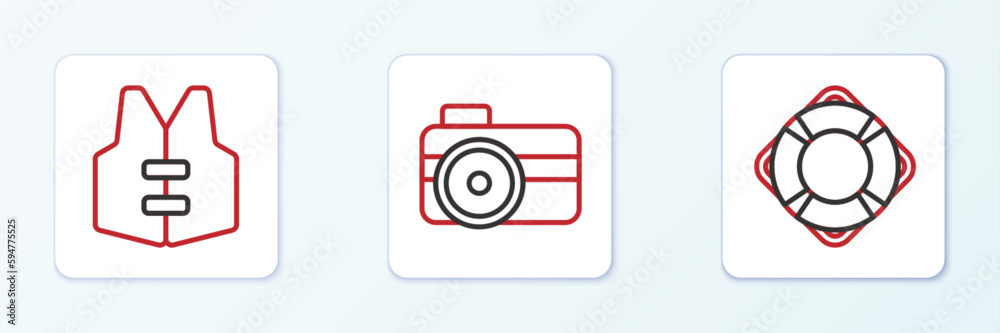 Set line Lifebuoy, jacket and Photo camera for diver icon. Vector Set line Lifebuoy, jacket and Photo camera for diver icon. Vector