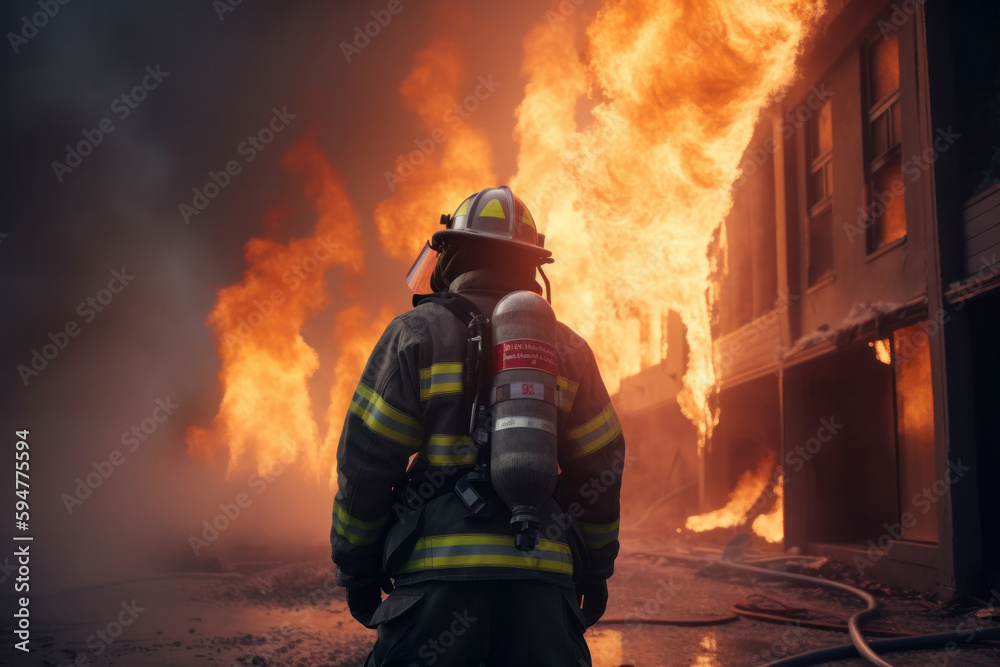 Firefighter in full uniform fighting a house fire, using a hose to control the flames. Bravery and protection in action. Is AI Generative. Firefighter in full uniform fighting a house fire, using a hose to control the flames. Bravery and protection in action. Is AI Generative.