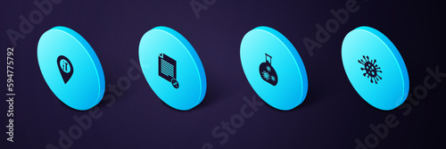 Set Isometric Bacteria, Test tube with virus, File document service and Location icon. Vector