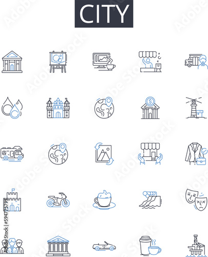 City line icons collection. Town, Metropolis, Capital, Municipality, Township, Settlement, Conurbation vector and linear illustration. Urban area,Village,Hamlet outline signs set