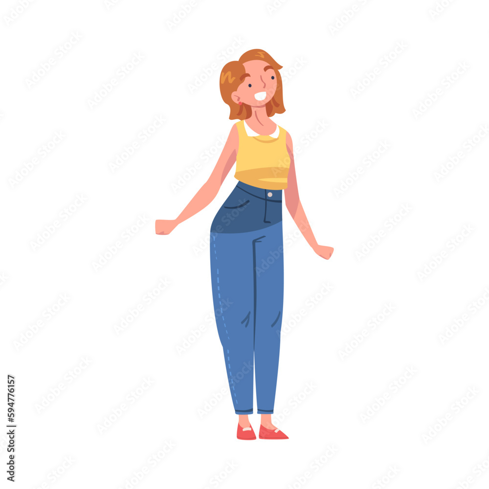 Fototapeta premium Happy Smiling Woman Character with Short Hair Standing Vector Illustration
