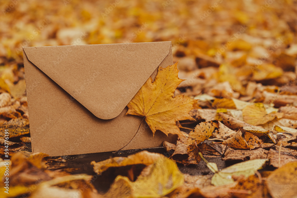 Empty earth tones envelope mock up around Colorful falling autumn leaves. Template card. Golden tree leaves. Beautiful tree with yellow leaves in autumn forest. Path littered with autumn leaves