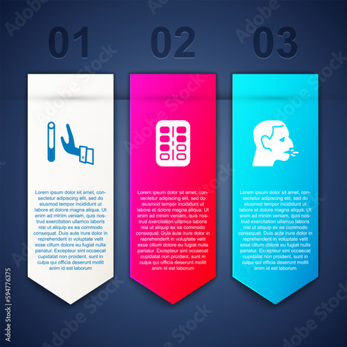 Set Giving up cigarette, Nicotine gum blister pack and Man coughing. Business infographic template. Vector