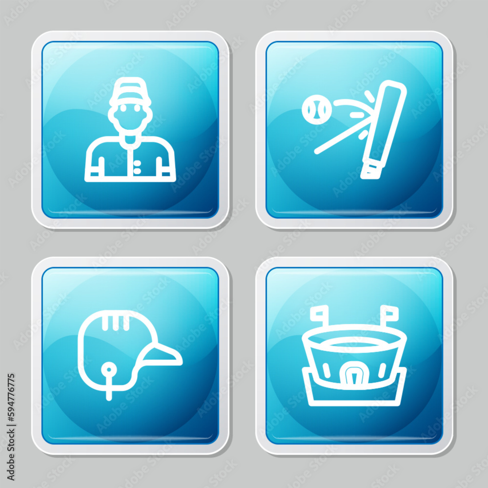 Set line Baseball player, bat with, helmet and arena icon. Vector Set line Baseball player, bat with, helmet and arena icon. Vector