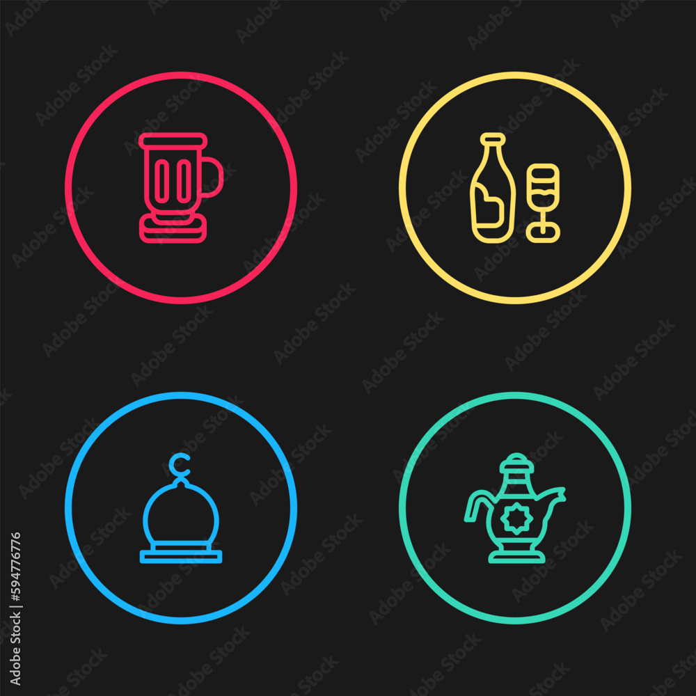 Set line Muslim Mosque, Islamic teapot, Wine bottle with glass and Medieval goblet icon. Vector Set line Muslim Mosque, Islamic teapot, Wine bottle with glass and Medieval goblet icon. Vector