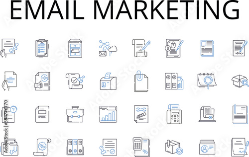 Email marketing line icons collection. Social media, Affiliate marketing, Content creation, Direct marketing, Video advertising, Event marketing, Mobile advertising vector and linear illustration